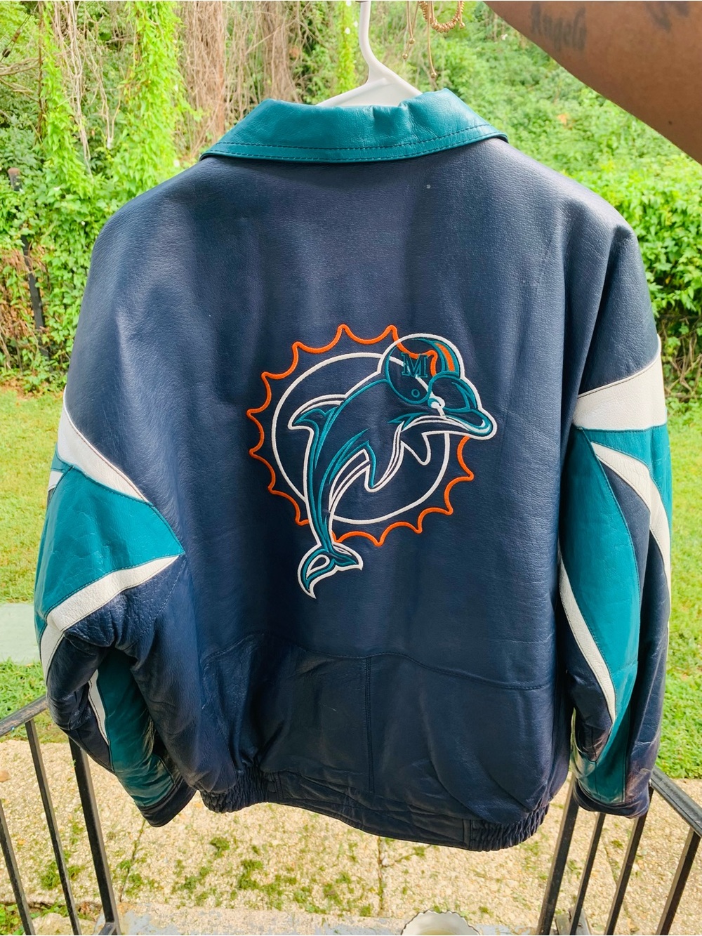 Men's Miami Dolphins Navy Teal Leather Jacket